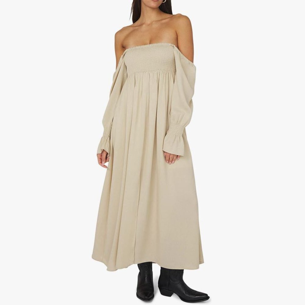 WEWOREWHAT On/Off Shoulder Smocked Dress Crème Bruilee Beige S